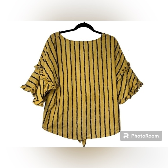 Umgee Bell Ruffle Sleeve Striped V-Neck Button Front Top with Tie and Scoop Hem - Picture 4 of 5